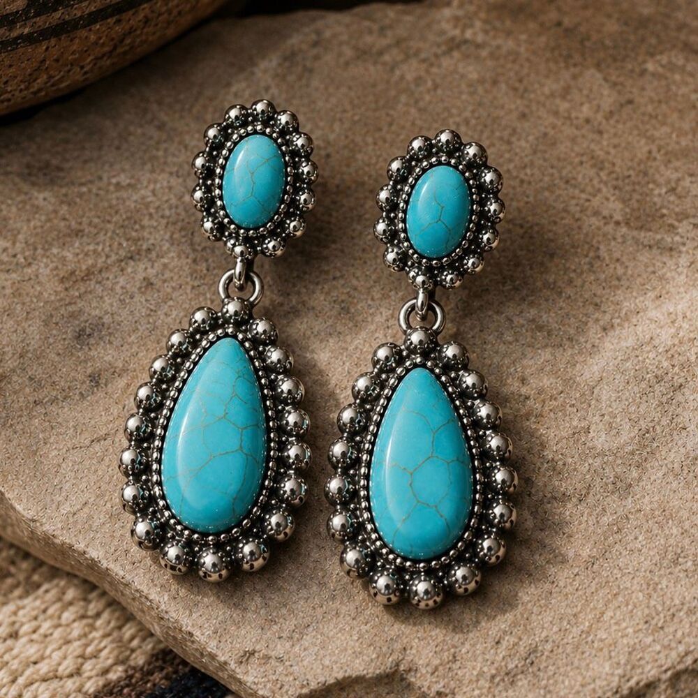 Western Turquoise Blue Teardrop Earrings - Silver Tone Beaded Setting
